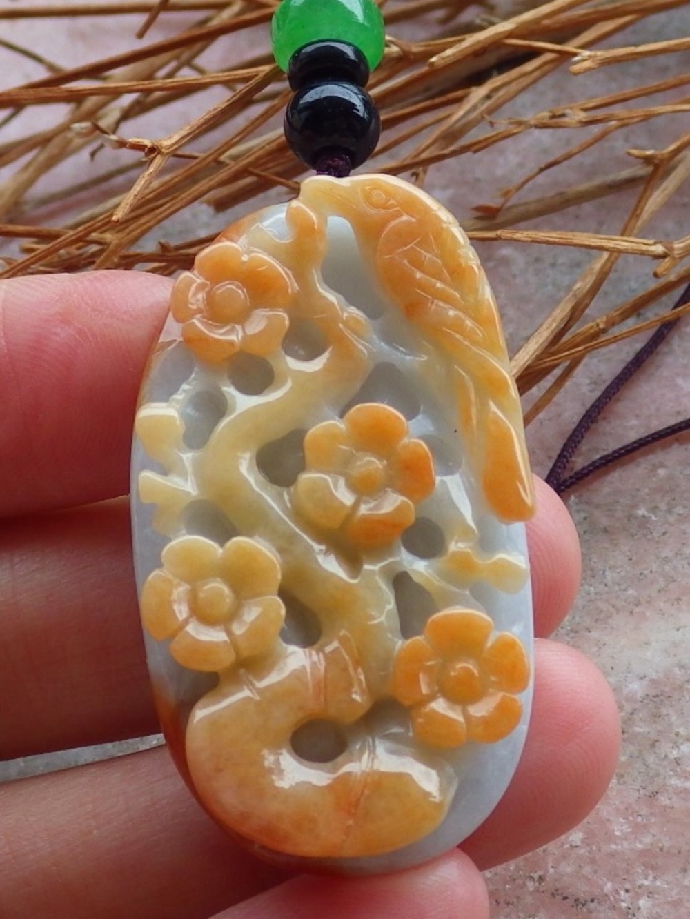 Certified Natural Burma A Jade Jadeite Rose Ruyi Flower Pendant Necklace